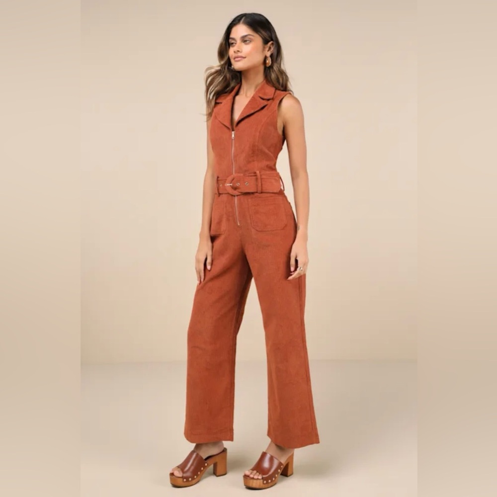 Rust Orange Corduroy Sleeveless Belted Jumpsuit